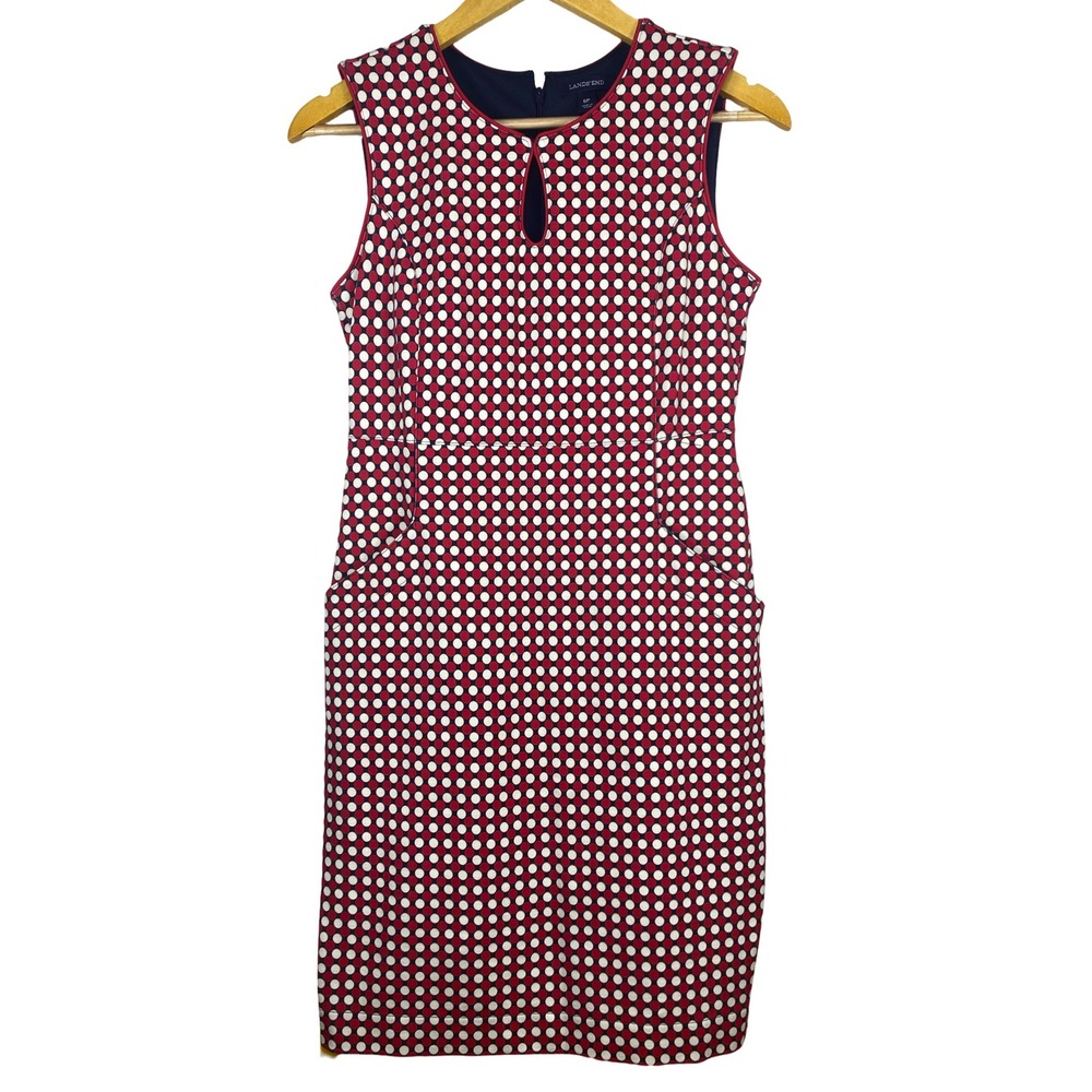 Lands End Womens 6P Red Polka Dot Sleeveless Keyhole Sheath Dress with Pockets